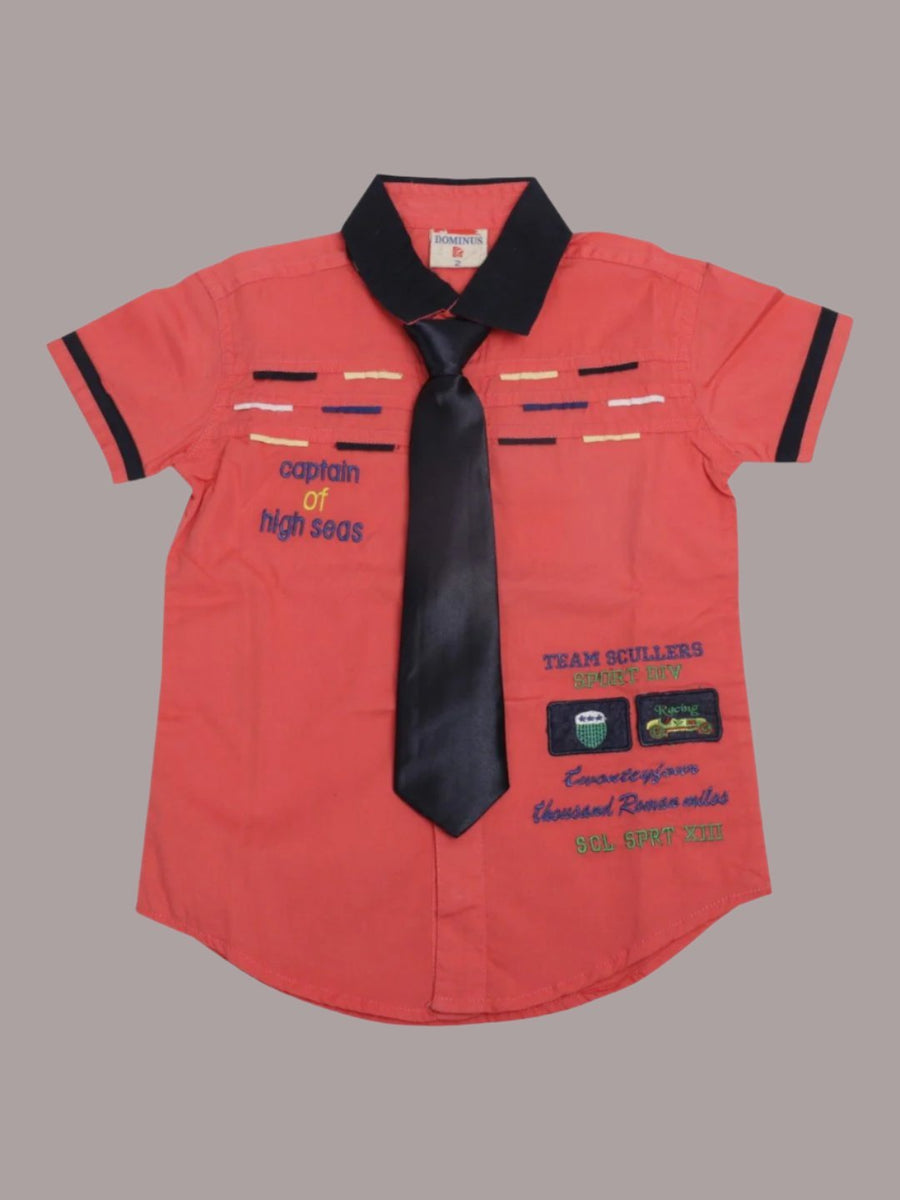 Boy’s Coral Embroidered Shirt with Black Tie – Dominus