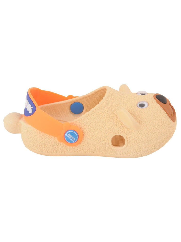 Yellow Bee 3D Bear Face Design Clogs for Boys in Beige - side View.