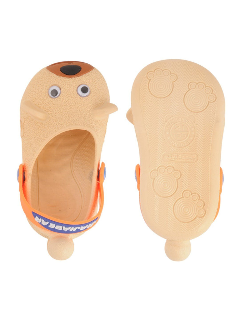 Yellow Bee 3D Bear Face Design Clogs for Boys in Beige - front and back View.