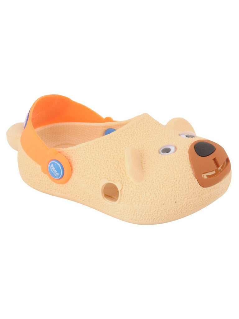 Yellow Bee 3D Bear Face Design Clogs for Boys in Beige - Angle View.