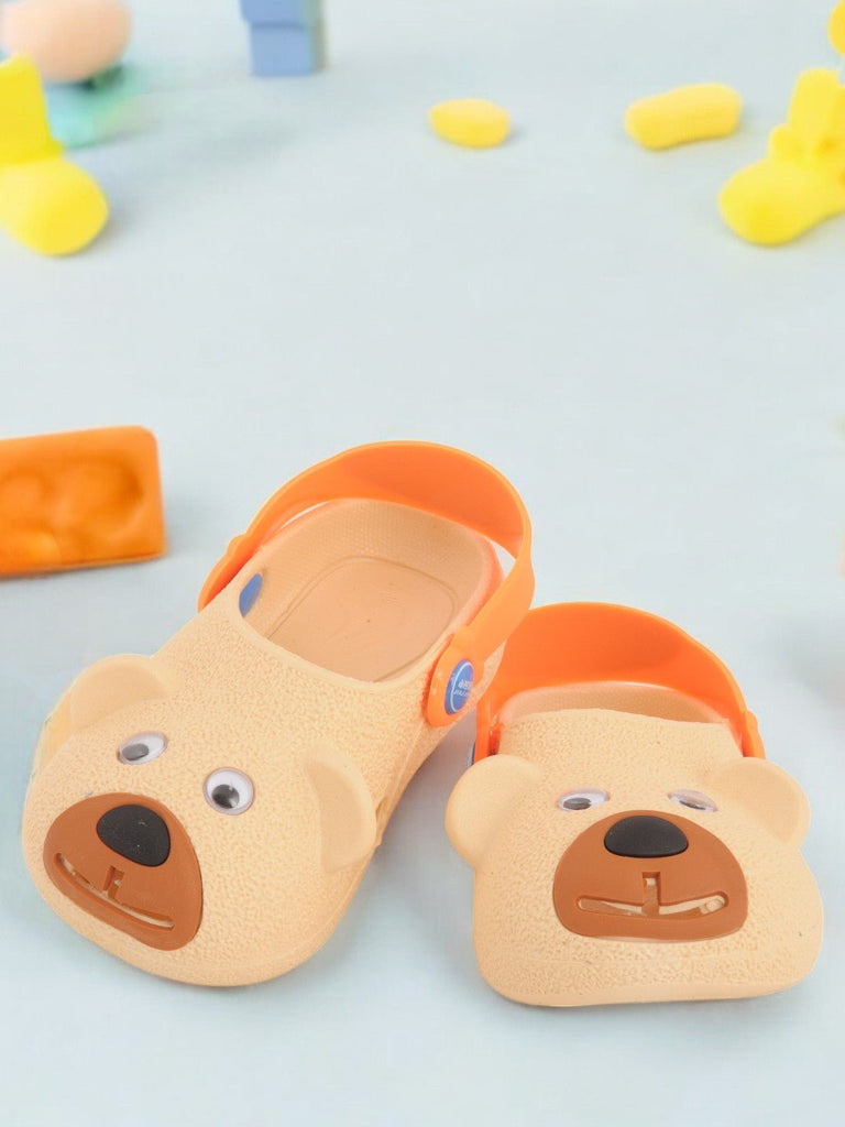 Yellow Bee 3D Bear Face Design Clogs for Boys in Beige - creative View.