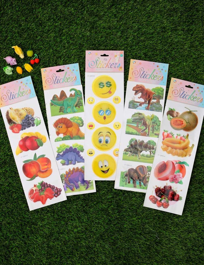 Full display of Yellow Bee Smiley, Dino, and Fruit 3D Stickers on grass background.