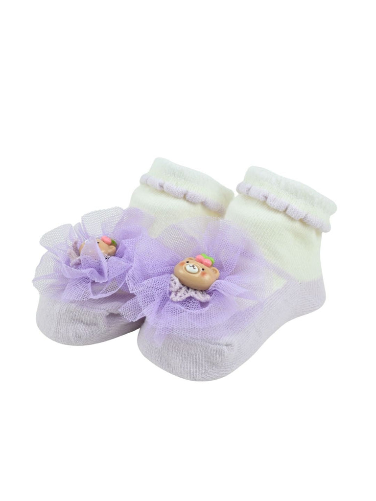 Adorable Baby Cotton Socks with Bear Charm for Girls – Purple - Angle View