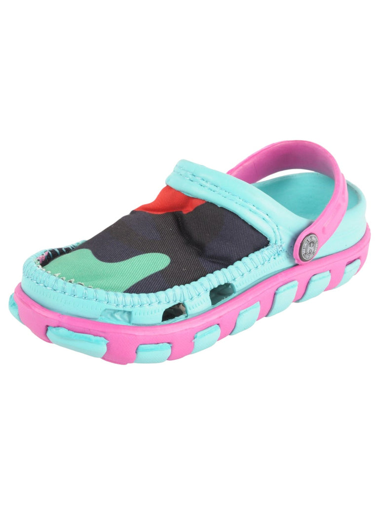 Aqua and Pink Camouflage Slip-On Clogs with Soft Fabric Upper For Girls angle view