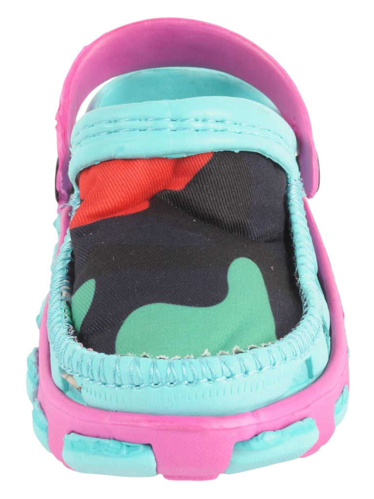 Aqua and Pink Camouflage Slip-On Clogs with Soft Fabric Upper For Girls closeup view