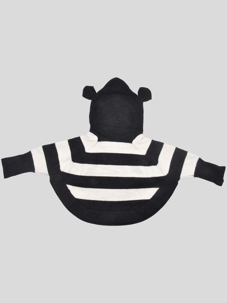 Front view of Black and White Striped Hooded Sweater with Bear Ears for Boys