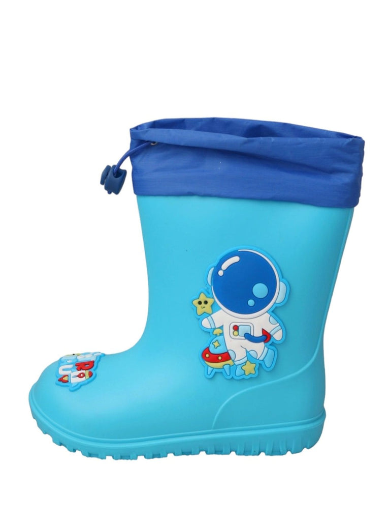 Side view of Blue astronaut themed rain boots for boys, illustrating the side graphics and sole design.