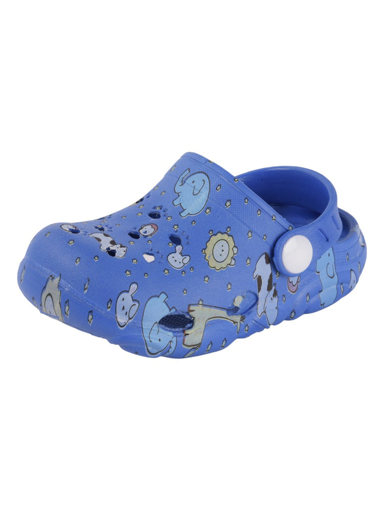 Angled view of Blue Cartoon Animal Clogs, capturing the vibrant colors and fun cartoon print.
