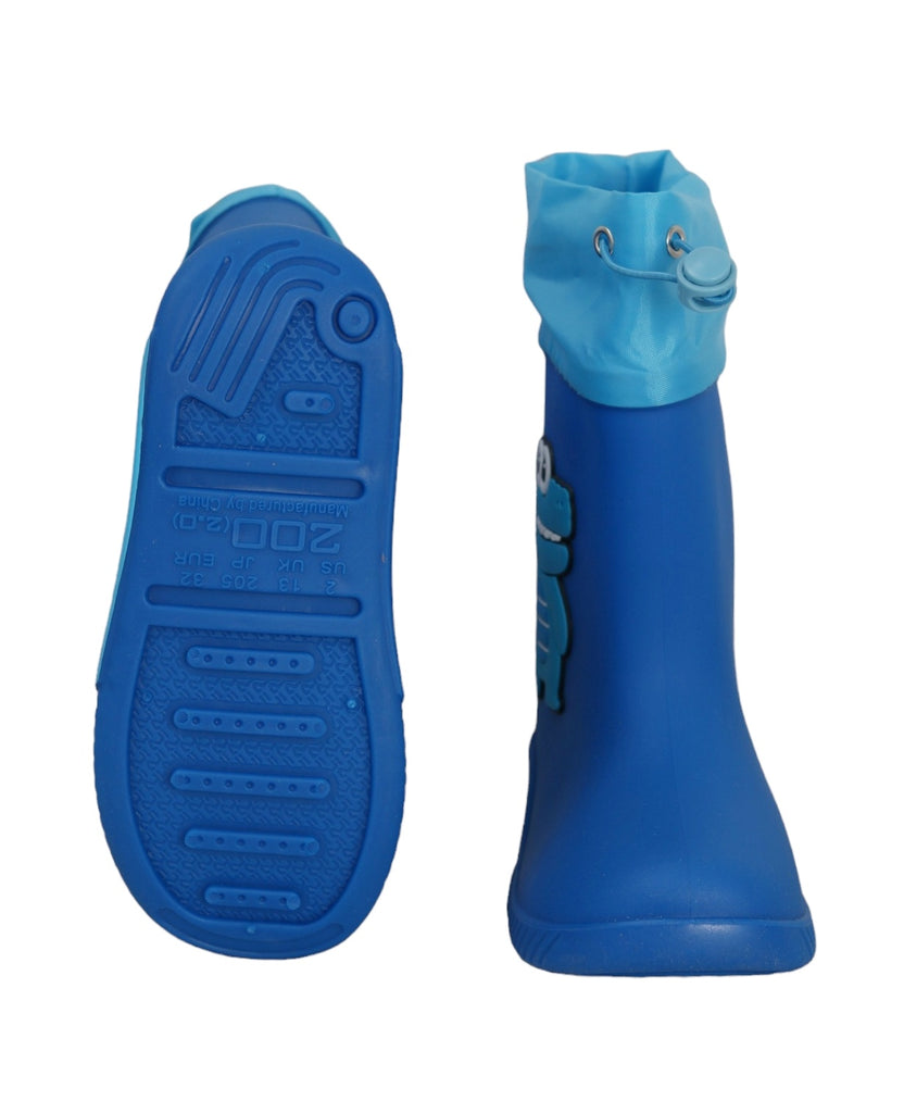 Front and back view of the Blue Dino Themed Rain Boots for Boys, highlighting their durable design.