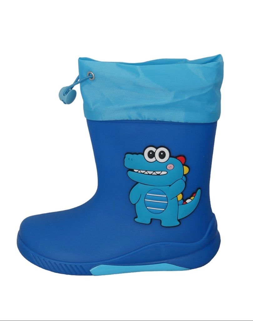 Side view of the Blue Dino Themed Rain Boots for Boys, showcasing the playful design and sturdy build.