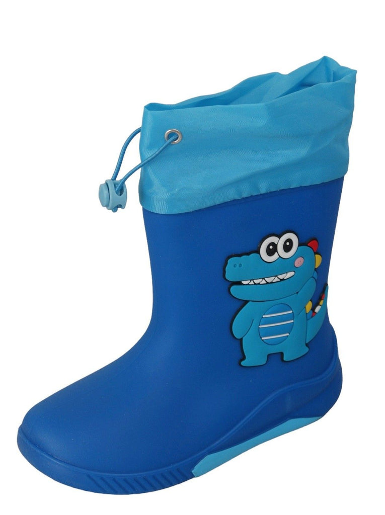 Side angle view of Yellow Bee's Blue Dino Themed Rain Boots, featuring vibrant blue and dinosaur graphics.