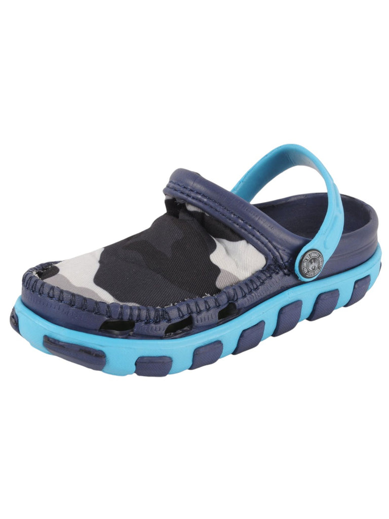 Blue and Grey Camouflage Slip-On Clogs with Soft Fabric Upper For Boys angle view