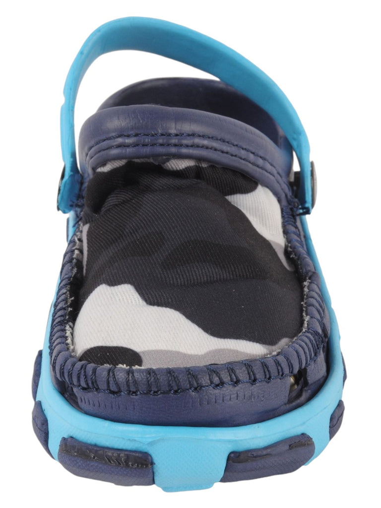 Blue and Grey Camouflage Slip-On Clogs with Soft Fabric Upper For Boys close up view