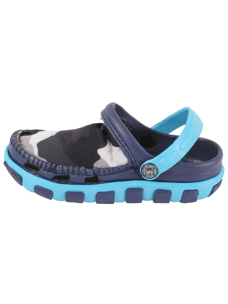 Blue and Grey Camouflage Slip-On Clogs with Soft Fabric Upper For Boys side view