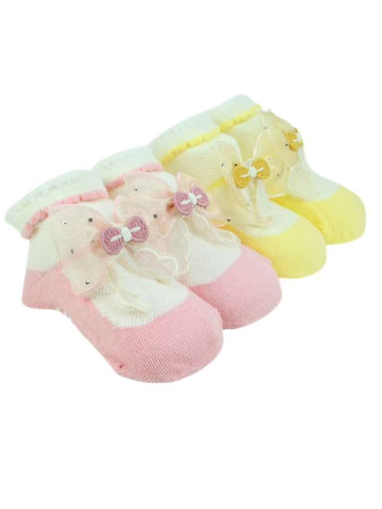 Charming Baby Cotton Socks with Bow Design for Girls – Pink & Yellow - Angle View