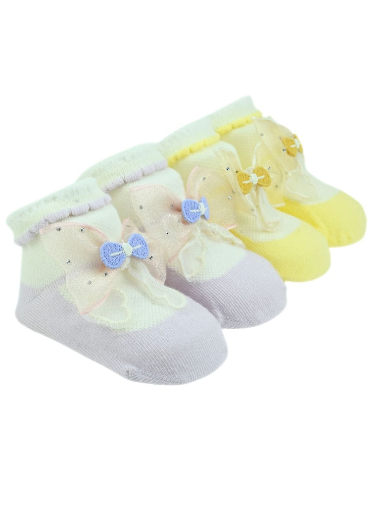 Elegant Baby Cotton Socks with Bow Design for Girls - Purple & Yellow - Angle View