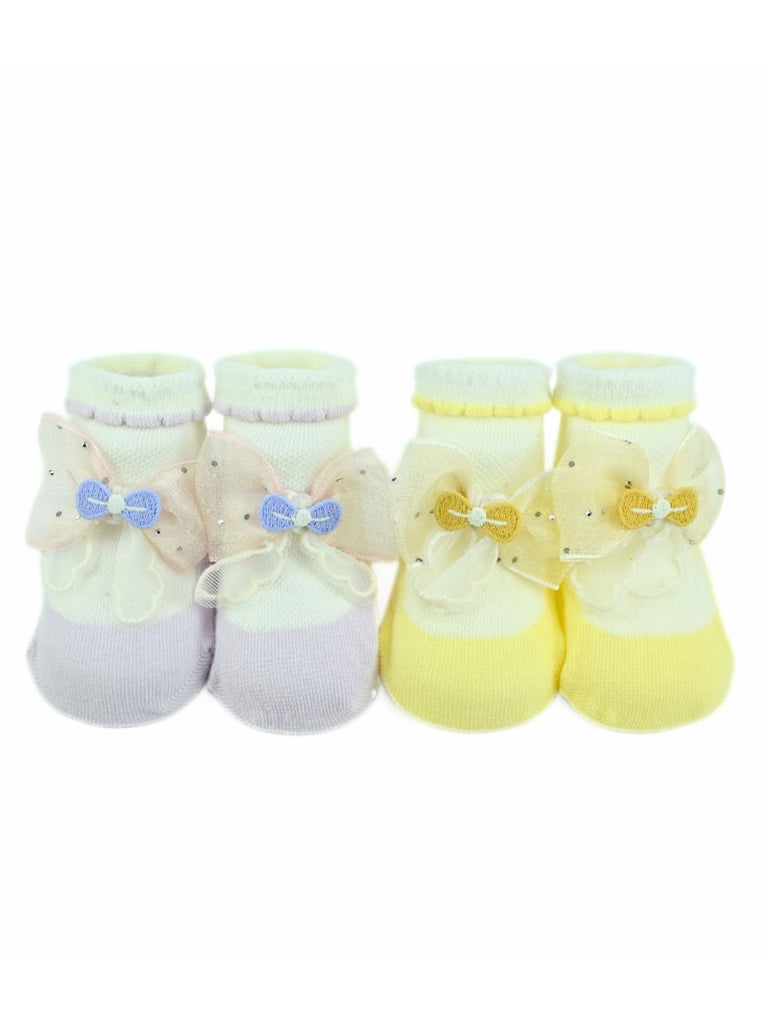 Elegant Baby Cotton Socks with Bow Design for Girls - Purple & Yellow - Front View
