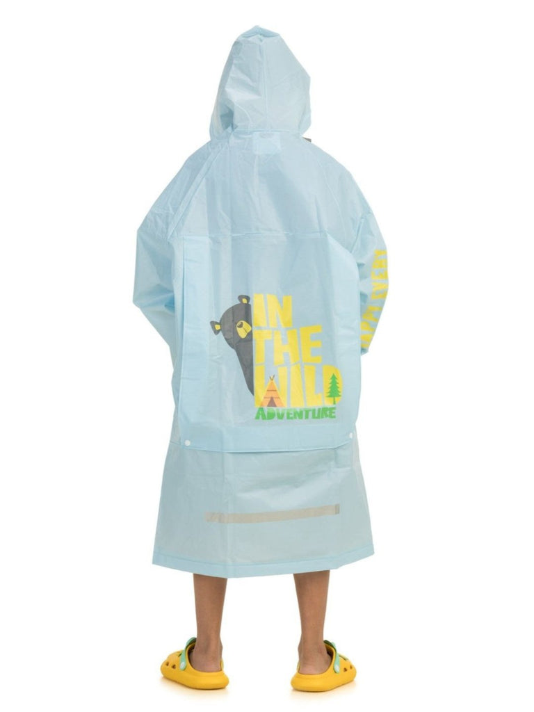 Back view of Yellow Bee boys' raincoat showcasing the whimsical face hood and vibrant illustrated pockets.