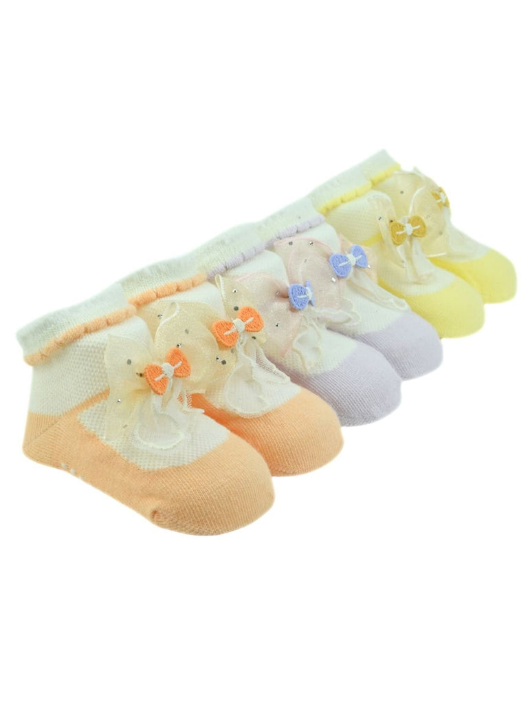 Festive Baby Cotton Socks with Bow Design - Orange, Purple & Yellow - Angle View