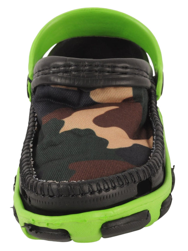 Green and Camouflage Slip-On Clogs with Soft Fabric Upper For Boys closeup view