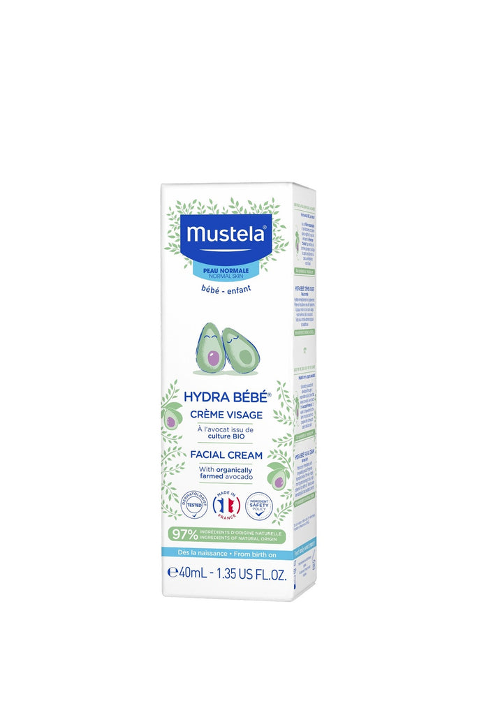 Front view of Mustela Hydra Bebe Facial Cream's packaging highlighting natural ingredients