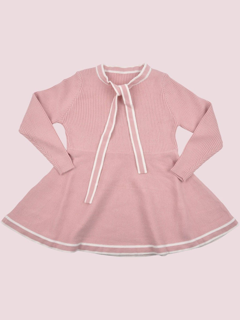 Front view of Pink Long-Sleeve Knitted Dress with Bow Tie Collar for Girls