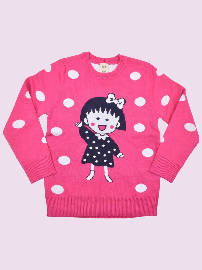 Front view of Pink Polka Dot Sweater with Cartoon Girl Design for Kids