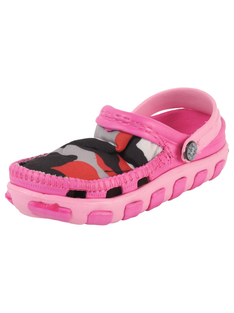 Pink and Grey Camouflage Slip-On Clogs with Soft Fabric Upper For Girls angle view