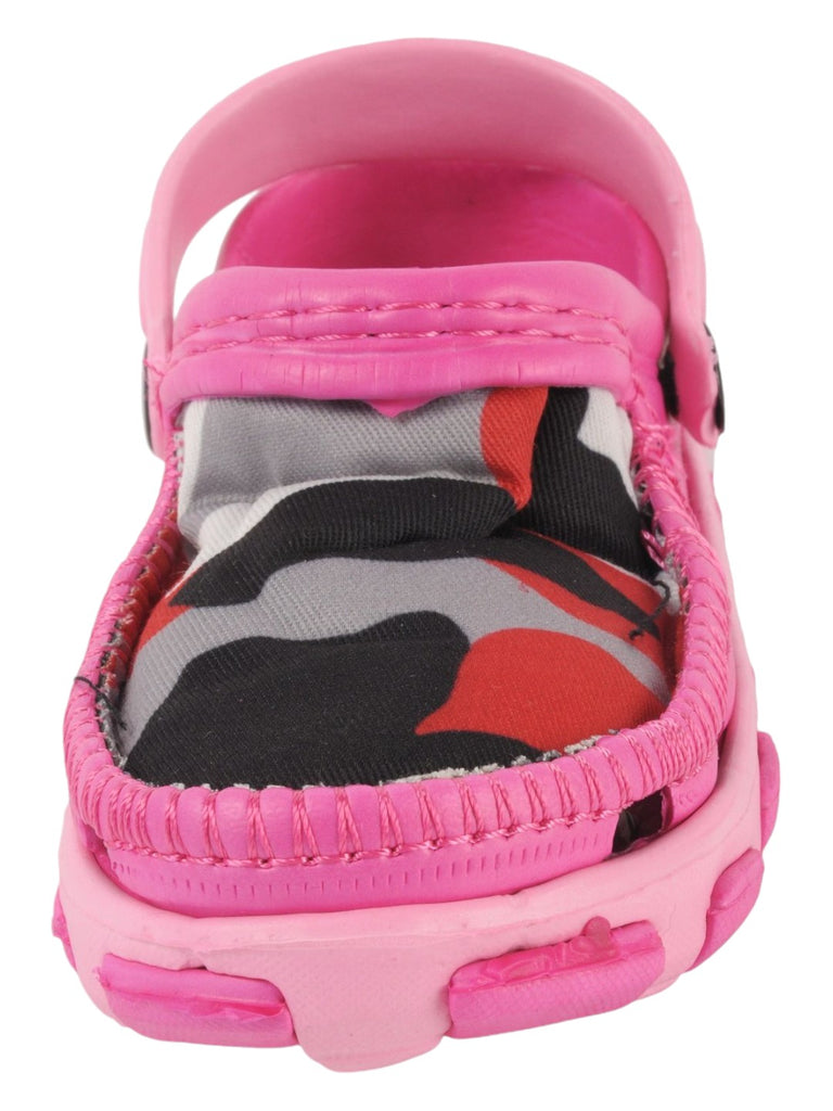 Pink and Grey Camouflage Slip-On Clogs with Soft Fabric Upper For Girls closeup view