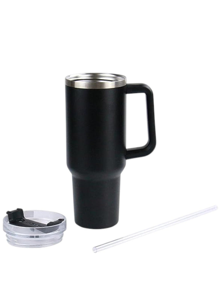 Stainless Steel Tumbler with Handle and Straw Lid – 1225ml- Black-Full View