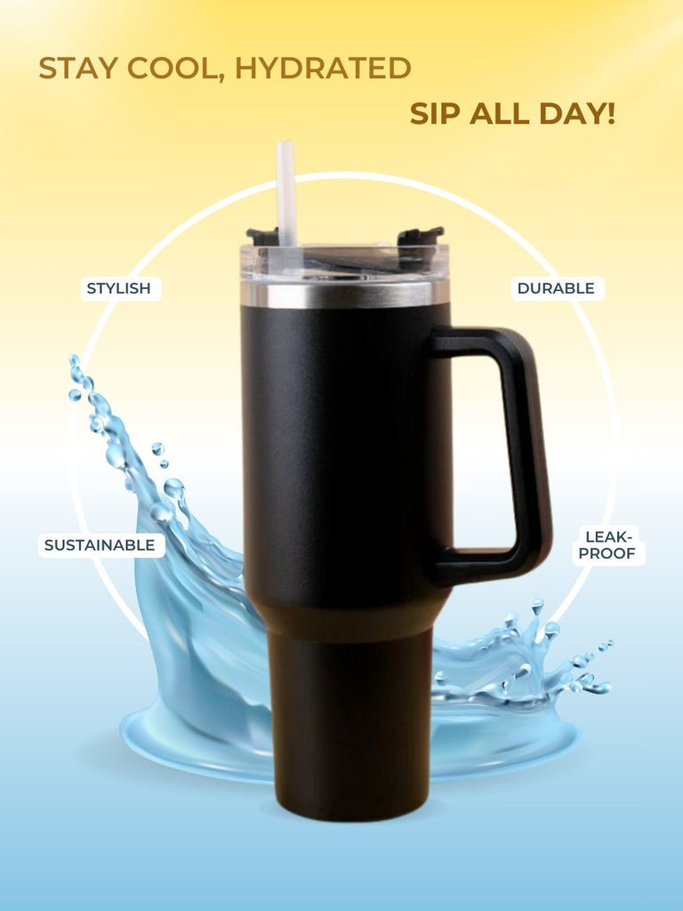 Stainless Steel Tumbler with Handle and Straw Lid – 1225ml- Black-In-Details