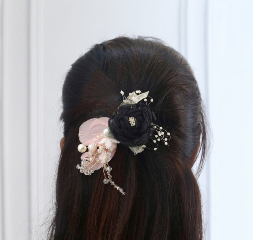 Styled View of Black and Pink Rosette Hair Clip with Net Leaf by Yellow Bee.