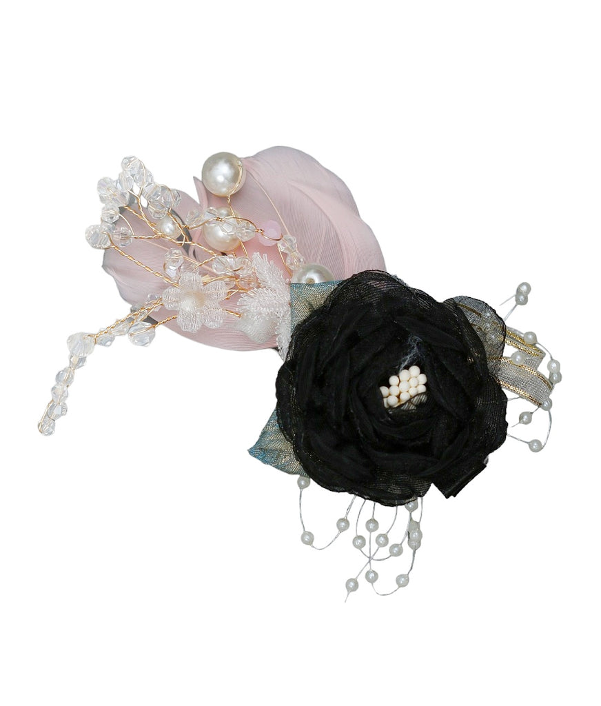 Close Up View of Yellow Bee Black and Pink Rosette Hair Clip with Net Leaf by Yellow Bee 