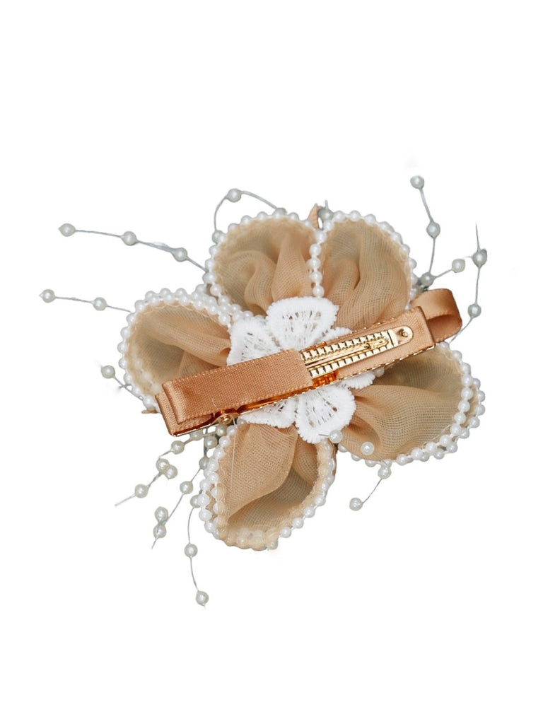 Back View of Yellow Bee's beige daisy hair clip with faux pearl embellishments, set