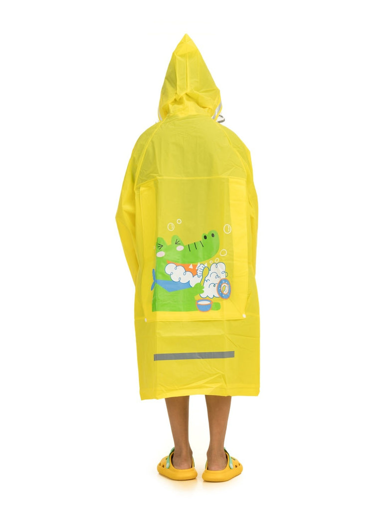 Back view of Yellow Bee Playful Crocodile Raincoat for boys, showcasing a vibrant yellow color with a fun crocodile and bubbles design .