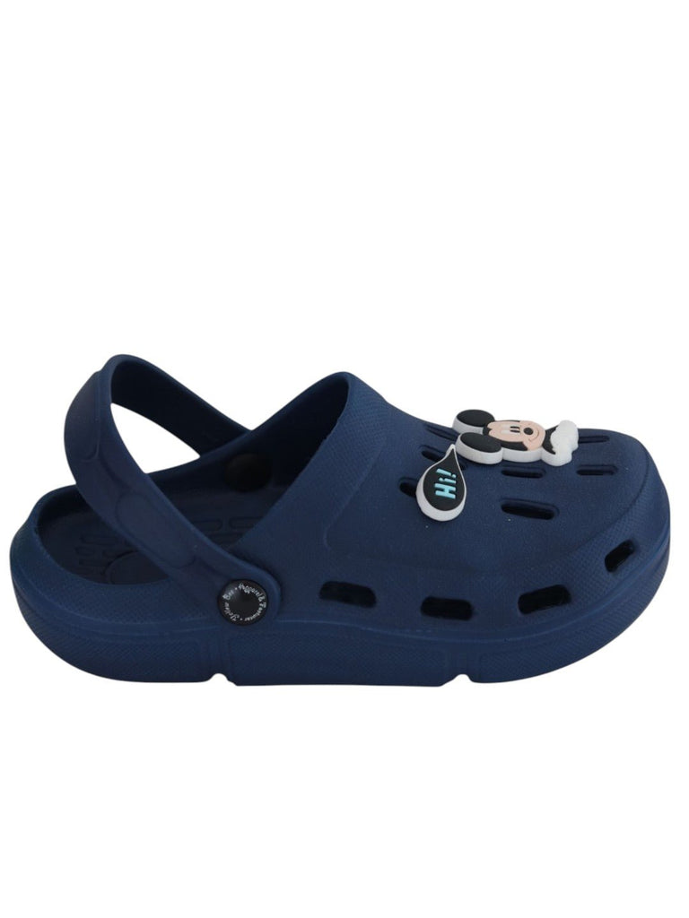 Yellow Bee Boys’ Disney Mickey Mouse Clogs with “Hi!” Charms & Gloves – Navy Blue -Side View