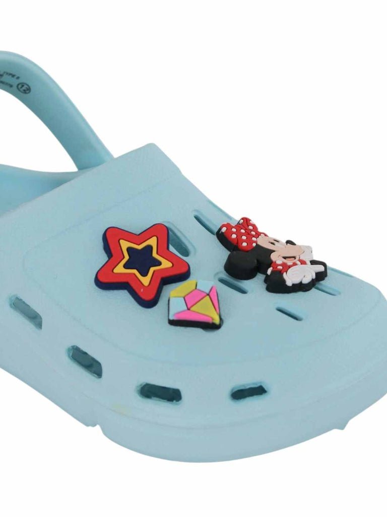 Yellow Bee Girls’ Disney Minnie Mouse Clogs with Star & Gem Charms – Light Blue-Close up view