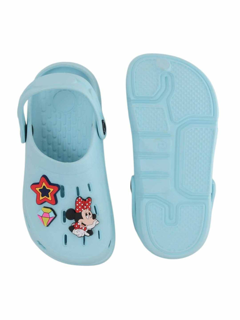 Yellow Bee Girls’ Disney Minnie Mouse Clogs with Star & Gem Charms – Light Blue-Front & Back View