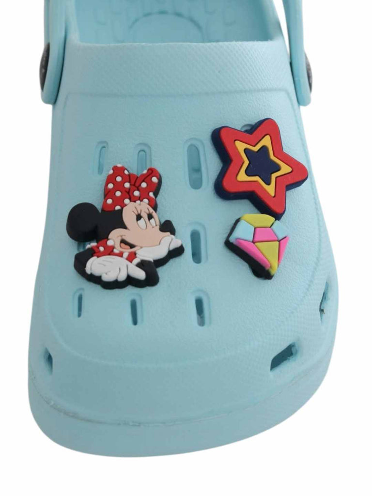Yellow Bee Girls’ Disney Minnie Mouse Clogs with Star & Gem Charms – Light Blue-Front View