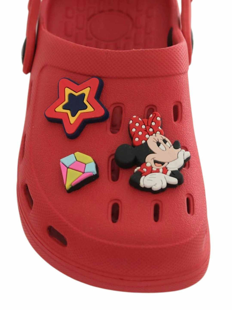 Yellow Bee Girls’ Disney Minnie Mouse Clogs with Star & Gem Charms – Red-Front View