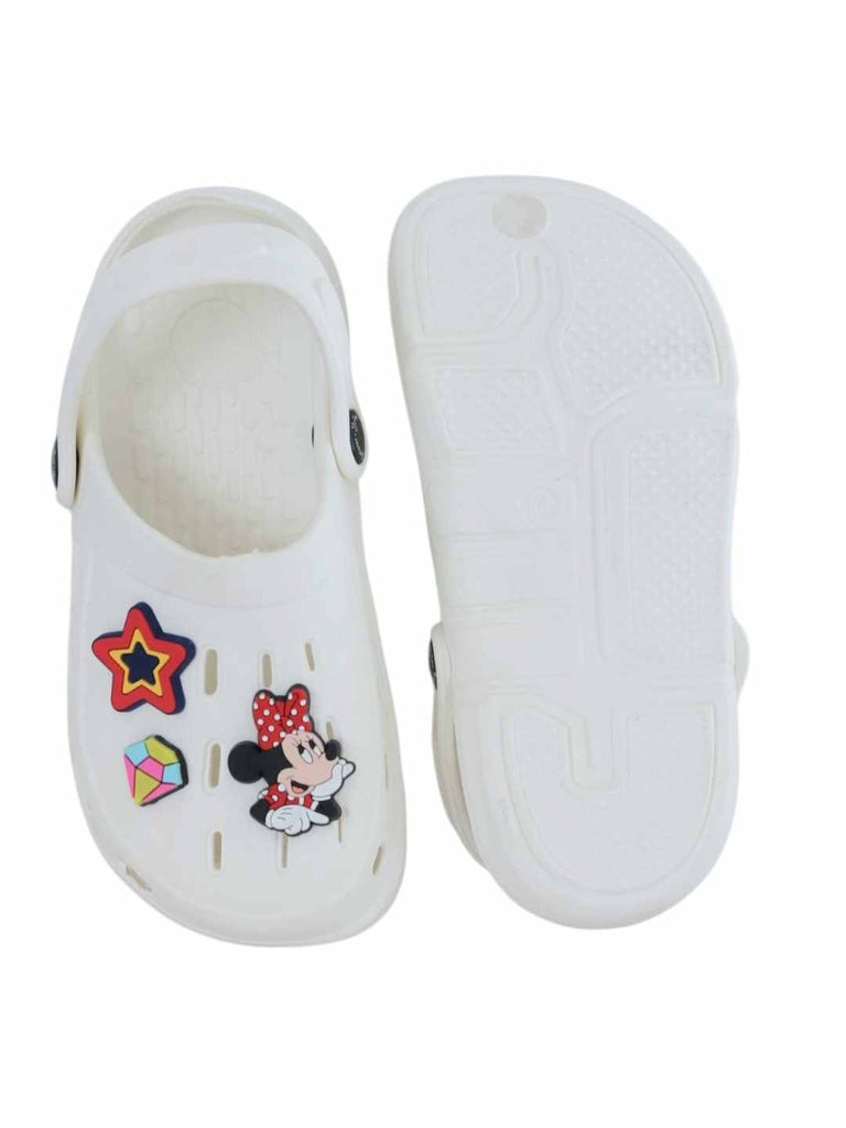 Yellow Bee Girls’ Disney Minnie Mouse Clogs with Star & Gem Charms – White-Front & Back View