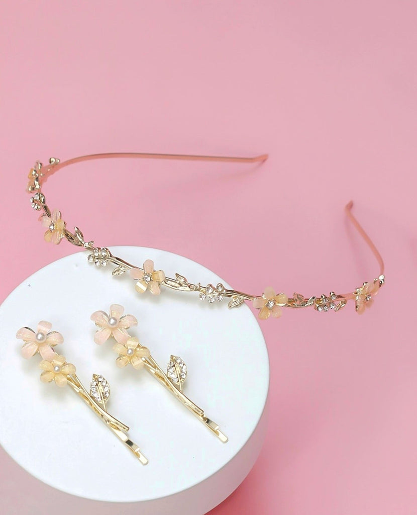 Yellow Bee's golden and peach acrylic flower hairband with rhinestone leaf clips for children's wedding attire.