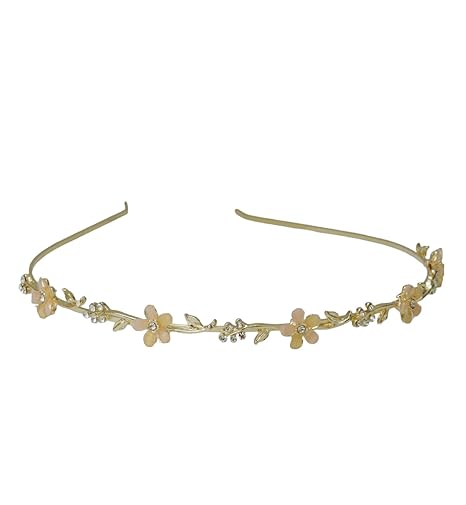 Yellow Bee's acrylic flower hairband and rhinestone leaf in a delightful golden, peach, and white palette.