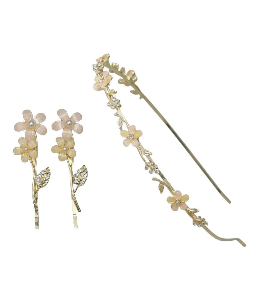 Charming child's hairband and clip set featuring acrylic flowers and rhinestone leaves by Yellow Bee.