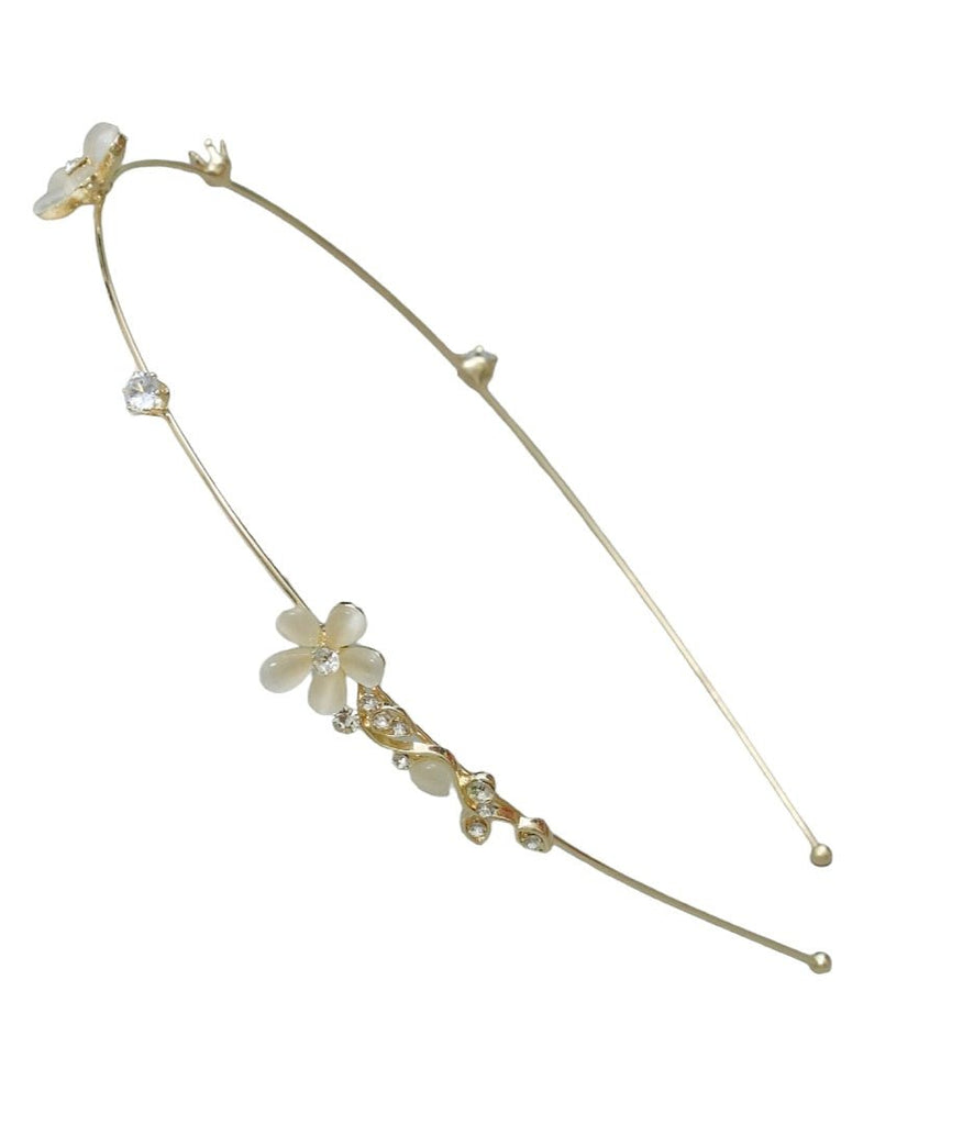 Isolated Yellow Bee metallic hairband with golden finish and white acrylic flower, perfect for teen fashion.