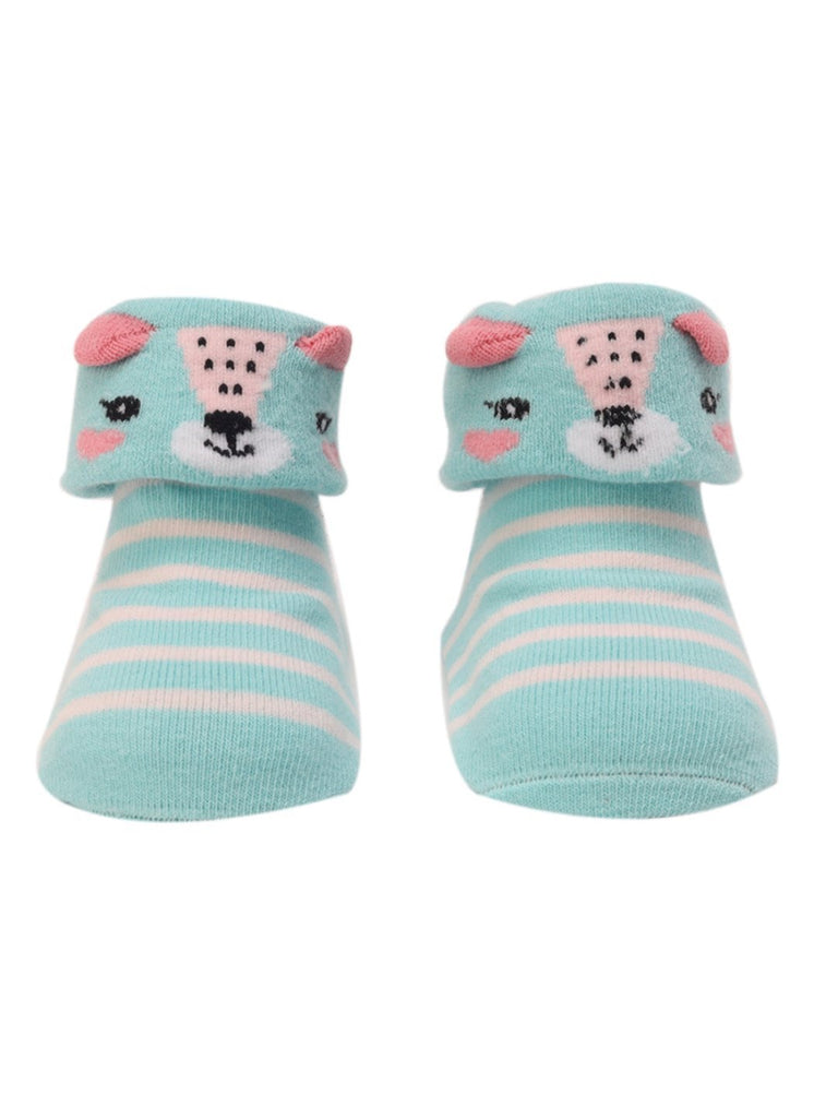 Close-up view of the Cute Animal Baby Socks in blue with a bear design, accented with pink ears and stripes for a charming look.