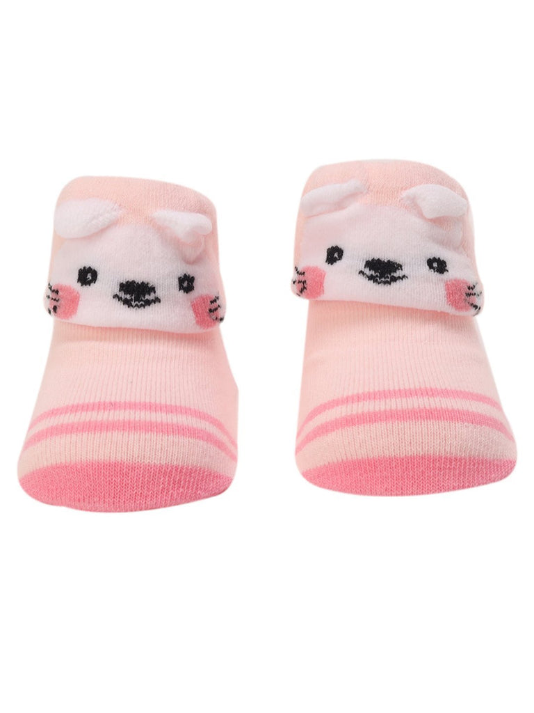 Close-up view of the Cute Animal Baby Socks in pink with a bunny design, featuring a sweet face and striped pattern.