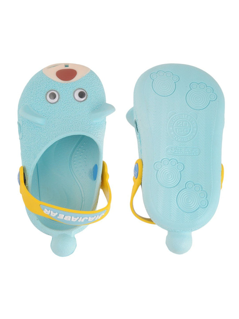 Yellow Bee 3D Bear Face Design Clogs for Boys in Blue - front and back View