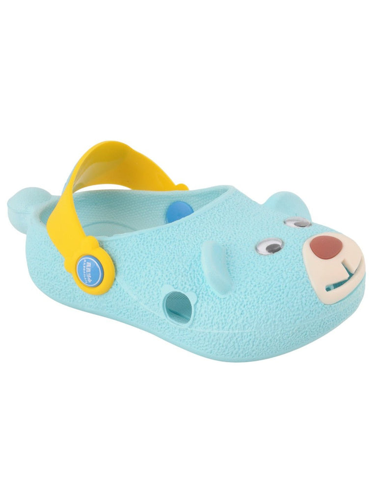 Yellow Bee 3D Bear Face Design Clogs for Boys in Blue - Angle View