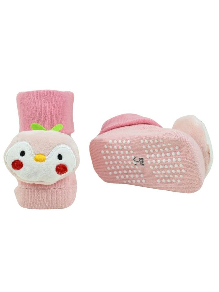 Adorable Pink Penguin Face Baby Doll Head Socks for Girls – Pink - Front & Back View